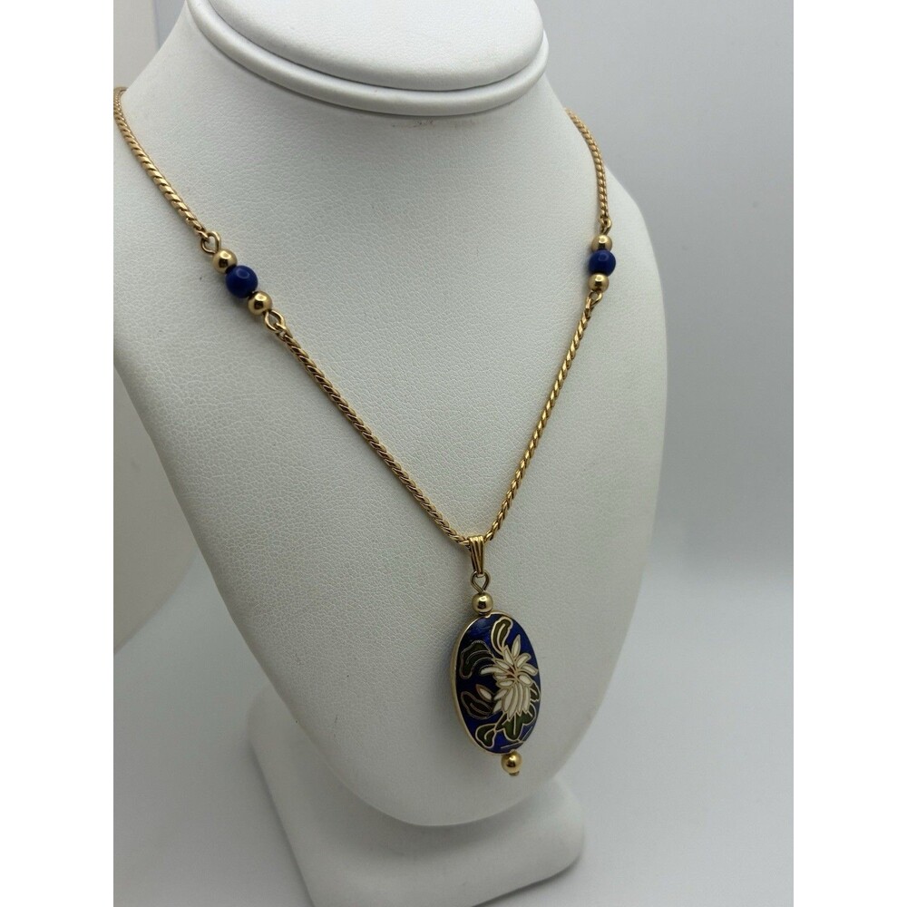VTG Avon Signed Blue Cloisonne Pendant Necklace Gold Tone Delicate Dainty 18”